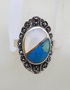 Sterling Silver Vintage Marcasite, Blue and Mother of Pearl Oval Ring