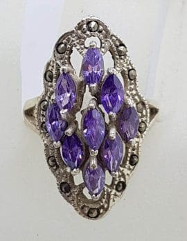 Sterling Silver Vintage Marcasite and Purple Marquis Cluster Ring