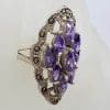 Sterling Silver Vintage Marcasite and Purple Marquis Cluster Ring