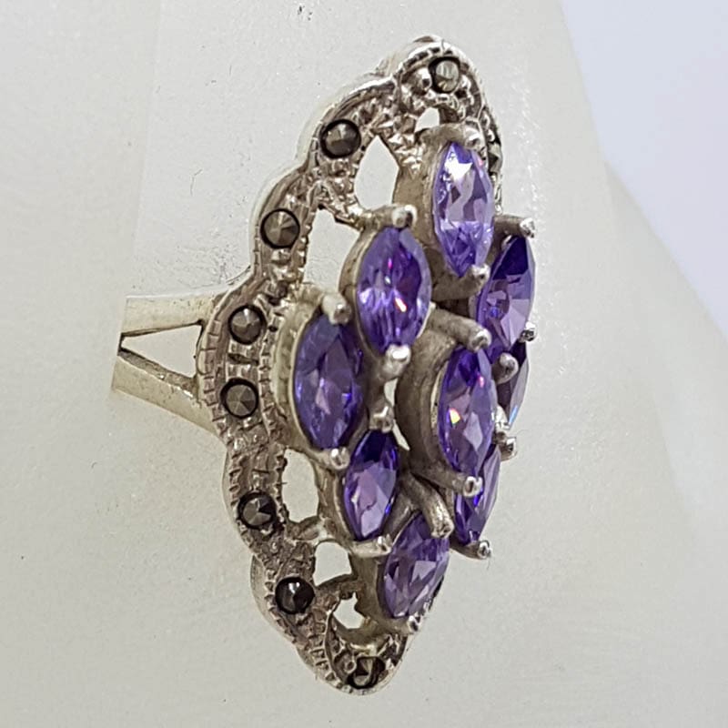 20210724_121323 Sterling Silver Vintage Marcasite and Purple Marquis Cluster Ring