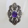 Sterling Silver Vintage Marcasite with Purple Stone Large Ring