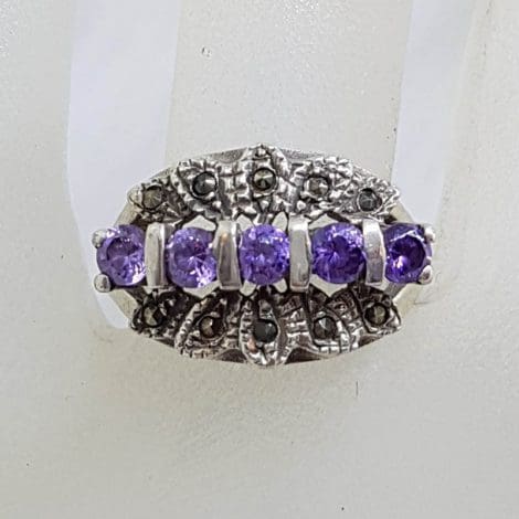 Sterling Silver Vintage Marcasite and Purple Cluster Ring