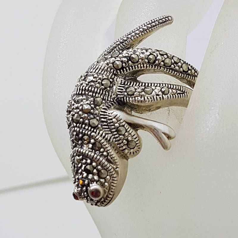 Sterling Silver Marcasite and Garnet Large Lizard/Gecko/Chameleon Ring