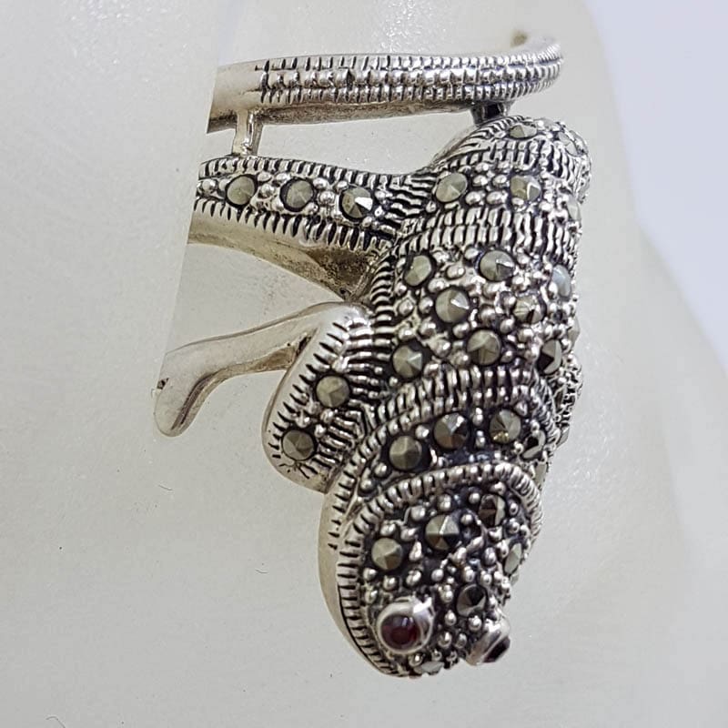 Sterling Silver Marcasite and Garnet Large Lizard/Gecko/Chameleon Ring