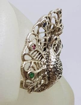 Sterling Silver Marcasite, Ruby, Emerald and Sapphire Large Ornate Peacock Ring
