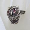 Sterling Silver Marcasite Large Owl Ring with Garnet Eyes