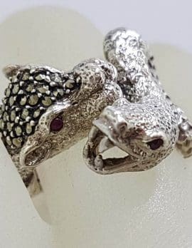Sterling Silver Marcasite Large Snake & Cat Chunky Ring