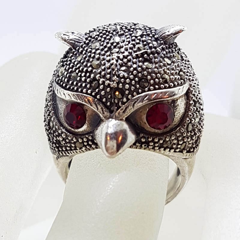 Sterling Silver Marcasite Large Owl Head Ring with Red Eyes