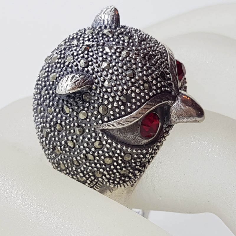 Sterling Silver Marcasite Large Owl Head Ring with Red Eyes