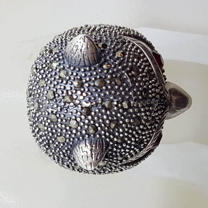 Sterling Silver Marcasite Large Owl Head Ring with Red Eyes