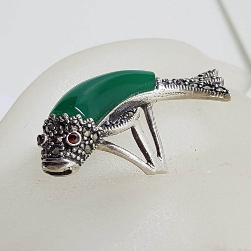 20210724_123219 Sterling Silver Marcasite and Green Agate/Onyx Large Koi Fish Ring
