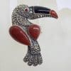 Sterling Silver Large Toucan Ring with Marcasite, Onyx, Garnet and Carnelian