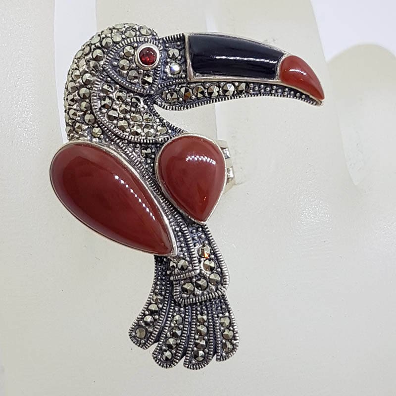 20210724_123253 Sterling Silver Large Toucan Ring with Marcasite, Onyx, Garnet and Carnelian