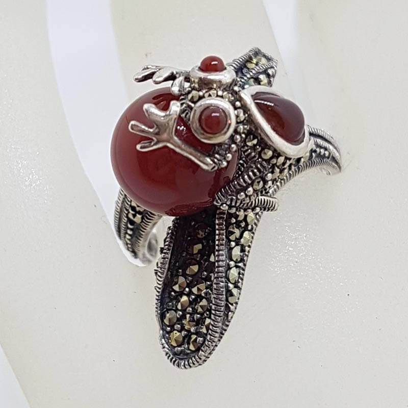Sterling Silver Frog Ring - Carnelian and Marcasite