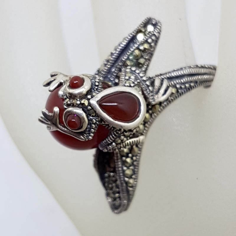 Sterling Silver Frog Ring - Carnelian and Marcasite