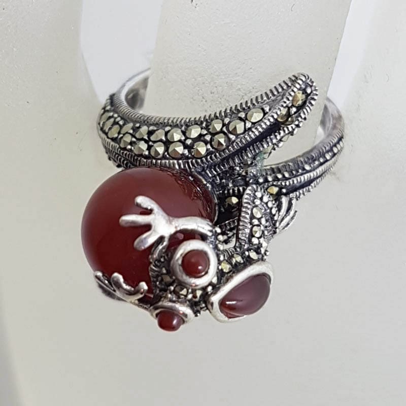 Sterling Silver Frog Ring - Carnelian and Marcasite