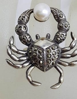 Sterling Silver Very Large Marcasite & Pearl Crab Ring