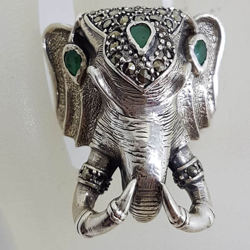 Sterling Silver Very Large Elephant Head Ring with Marcasite and Emerald