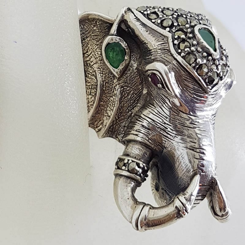 Sterling Silver Very Large Elephant Head Ring with Marcasite and Emerald