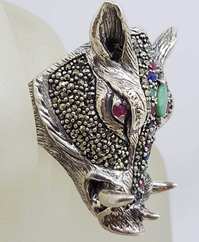 Sterling Silver Very Large Wild Boar/Pig Head Ring with Marcasite, Ruby, Sapphire and Emerald