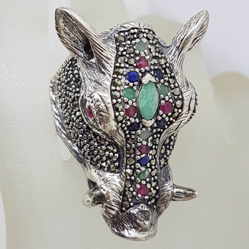 Sterling Silver Very Large Wild Boar/Pig Head Ring with Marcasite, Ruby, Sapphire and Emerald