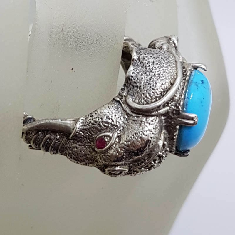 20210724_124756 Sterling Silver Marcasite, Recon. Turquoise and Ruby Very Large Elephant Ring