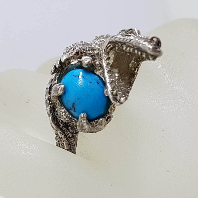 Sterling Silver Large Marcasite & Blue Recon. Turquoise Alligator/Crocodile Ring