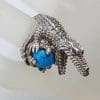 Sterling Silver Large Marcasite & Blue Recon. Turquoise Alligator/Crocodile Ring