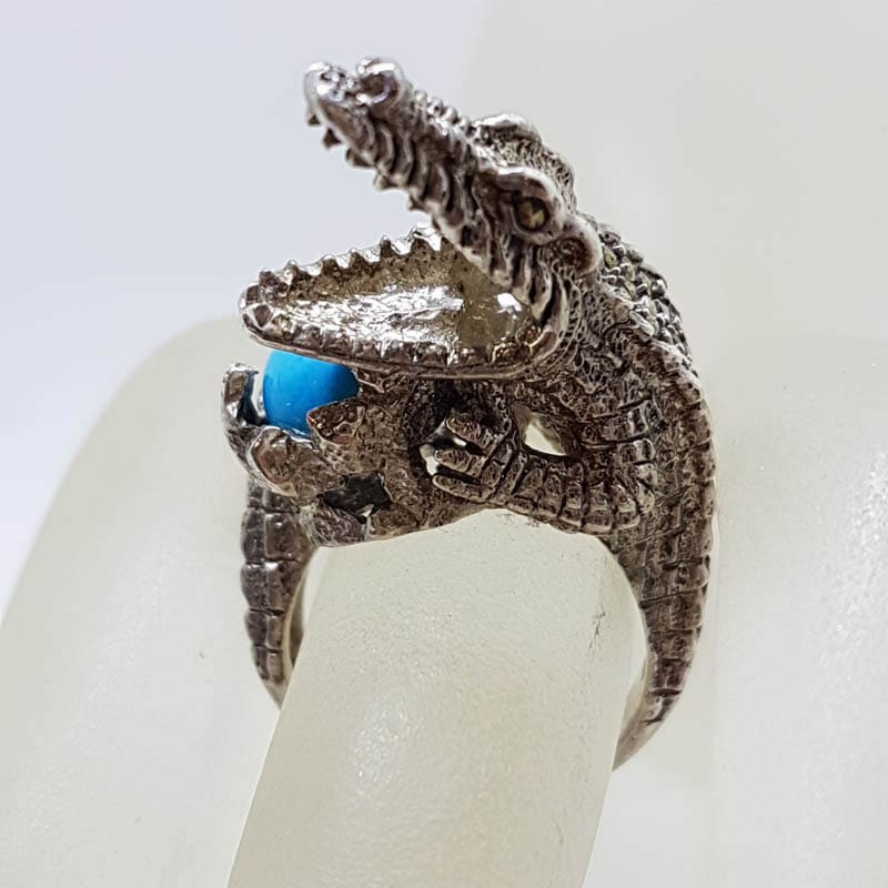 Sterling Silver Large Marcasite & Blue Recon. Turquoise Alligator/Crocodile Ring