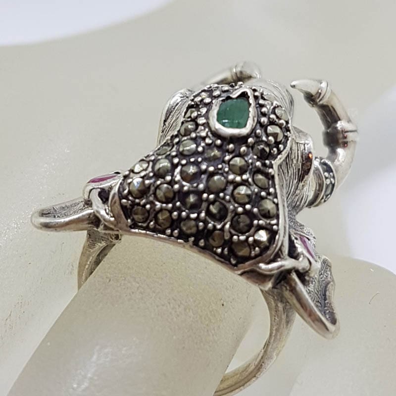 Sterling Silver Very Large Elephant Head Ring with Marcasite, Ruby and Emerald
