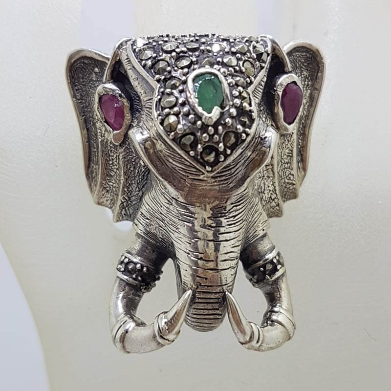 Sterling Silver Very Large Elephant Head Ring with Marcasite, Ruby and Emerald
