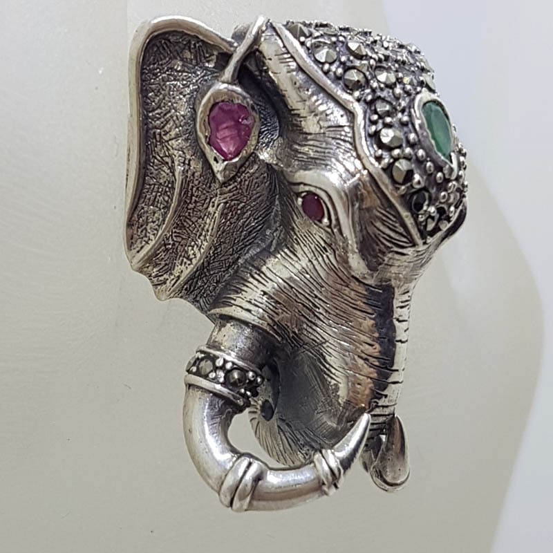 Sterling Silver Very Large Elephant Head Ring with Marcasite, Ruby and Emerald