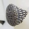 Sterling Silver Very Large Oval Marcasite Bulky and Heavy Ring with Patterned Sides