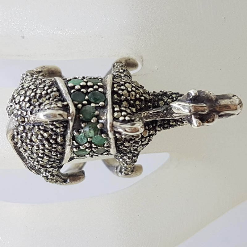 Sterling Silver Very Large Camel Ring with Marcasite and Emerald