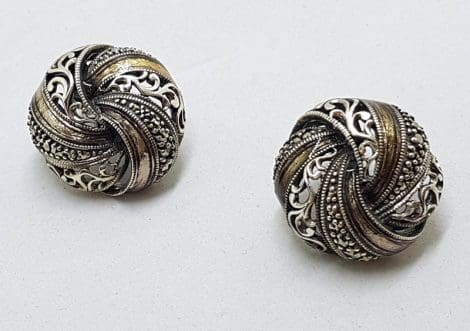Sterling Silver Marcasite & Enamel Large Round Ornate Stud Earrings