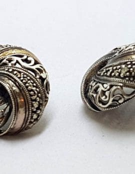Sterling Silver Marcasite & Enamel Large Round Ornate Stud Earrings