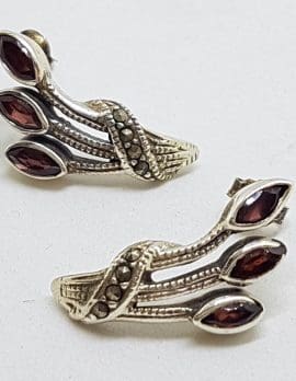 Sterling Silver Marcasite & Garnet Studs Earrings
