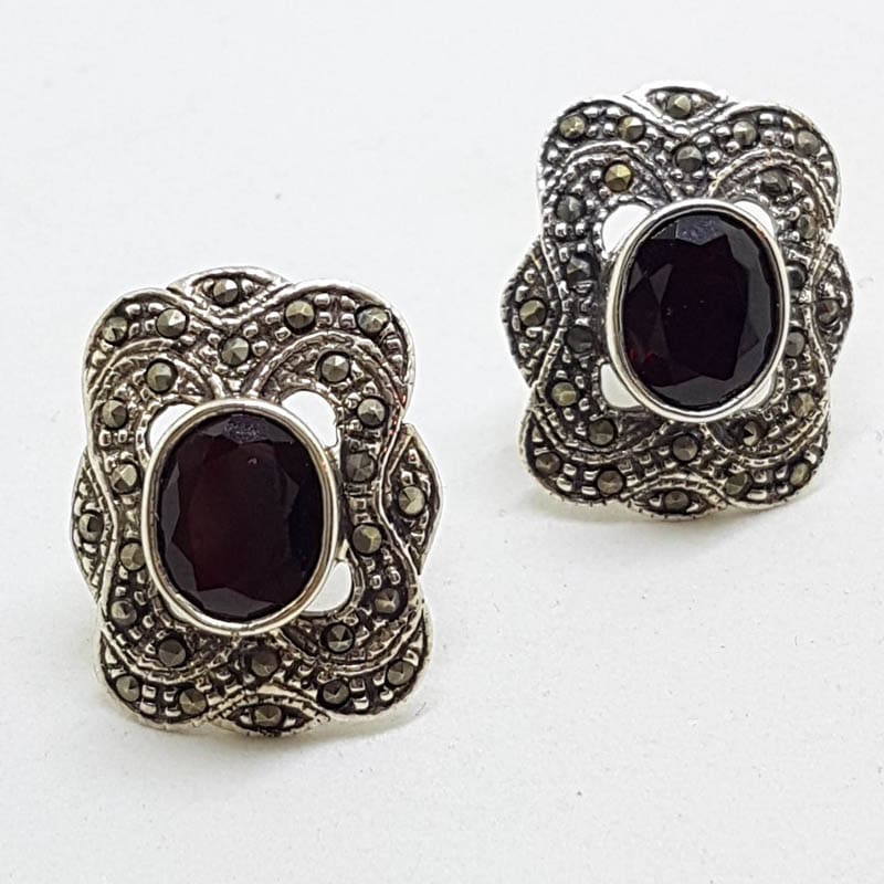 Sterling Silver Marcasite & Garnet Large Studs Earrings