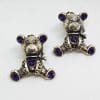Sterling Silver Marcasite Large Teddy Bear Studs Earrings - Available in Purple or Clear