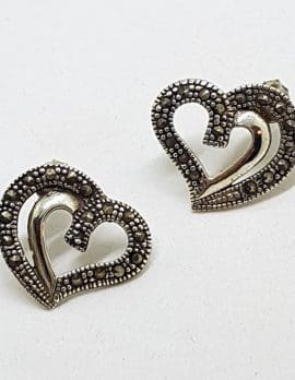 Sterling Silver Marcasite Large Heart Stud Earrings