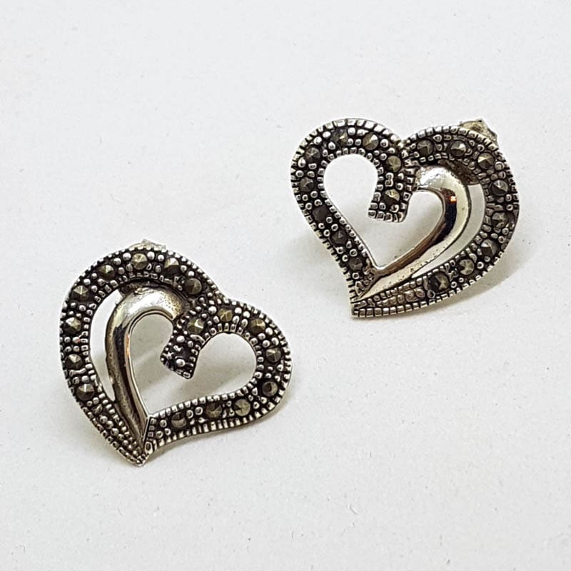 Sterling Silver Marcasite Large Heart Stud Earrings