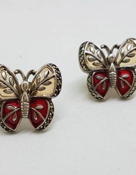 Sterling Silver Marcasite & Red and Pink Enamel Butterfly Stud Earrings