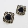 Sterling Silver Marcasite & Onyx Heart Stud Earrings