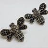Sterling Silver Marcasite & Cubic Zirconia Large Butterfly Stud Earrings - Available in Black or Clear