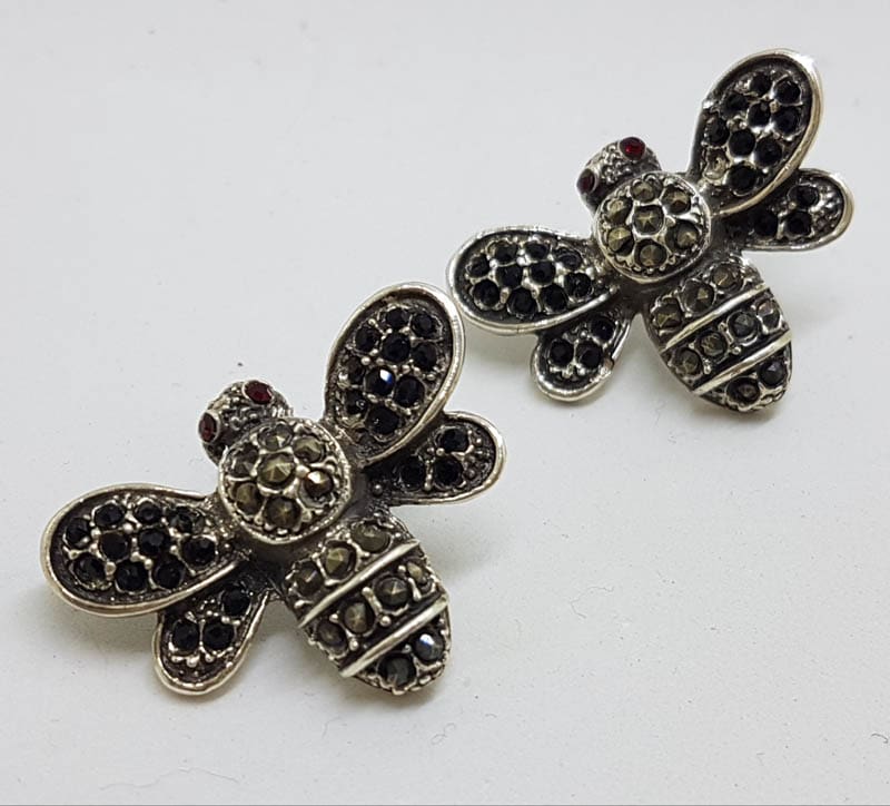 Sterling Silver Marcasite & Cubic Zirconia Large Butterfly Stud Earrings - Available in Black or Clear