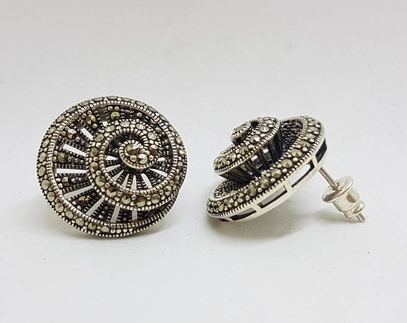 Sterling Silver Marcasite Large Round Filigree Stud Earrings