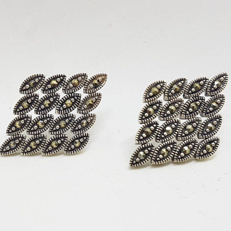Sterling Silver Marcasite Flexible Large Marquis Shape Stud Earrings