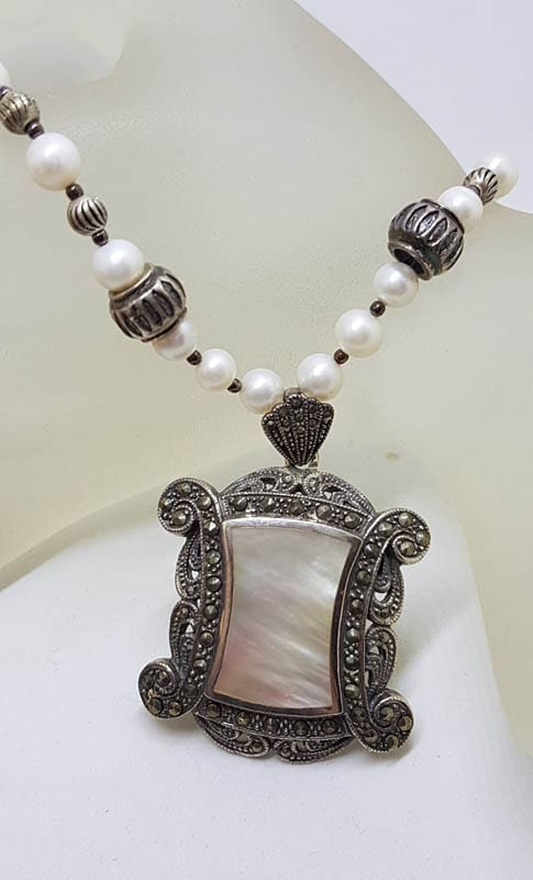Sterling Silver Large Ornate Marcasite with Mother of Pearl Rectangular Pendant on Pearl Chain / Necklace