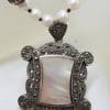 Sterling Silver Large Ornate Marcasite with Mother of Pearl Rectangular Pendant on Pearl Chain / Necklace