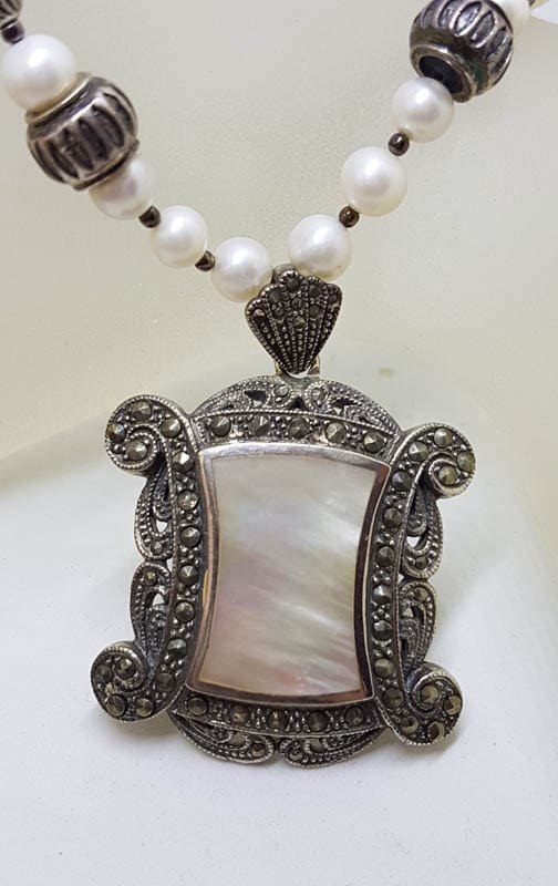Sterling Silver Large Ornate Marcasite with Mother of Pearl Rectangular Pendant on Pearl Chain / Necklace
